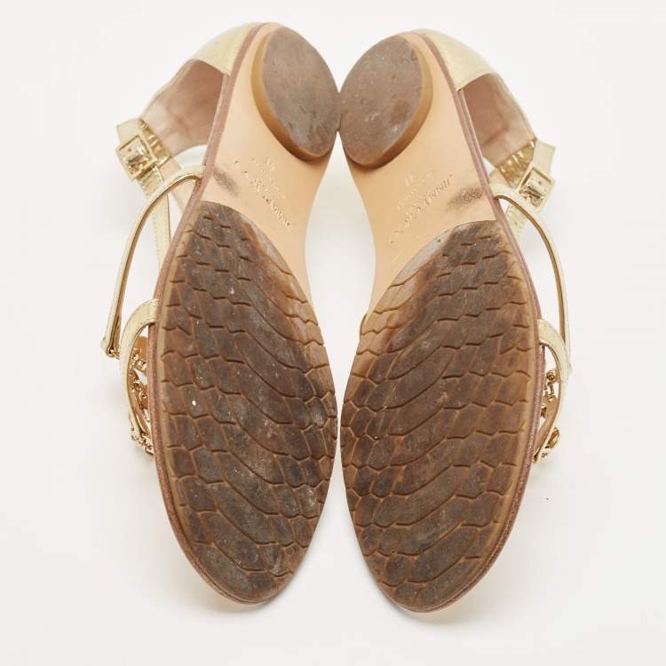 Pre Owned Jimmy Choo Gold Embossed Patent Leather Wyatt Flat Sandals Size 41