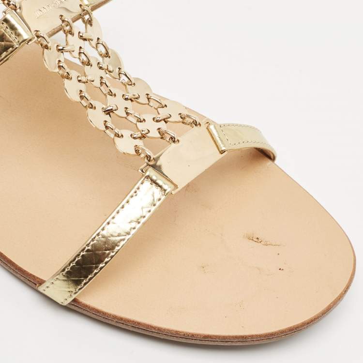 Pre Owned Jimmy Choo Gold Embossed Patent Leather Wyatt Flat Sandals Size 41
