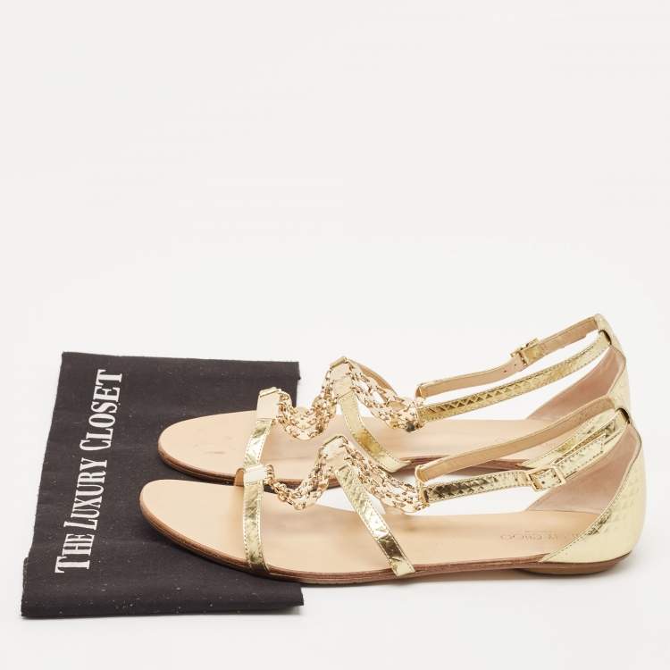 Pre Owned Jimmy Choo Gold Embossed Patent Leather Wyatt Flat Sandals Size 41