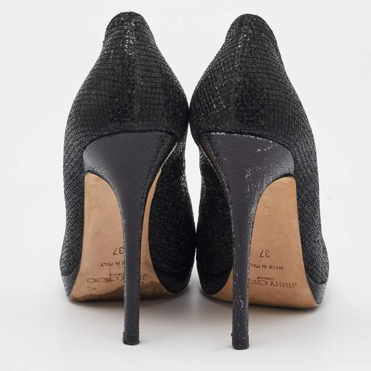 Pre Owned Jimmy Choo Black Glitter Fabric Luna Peep Toe Platform Pumps Size 37