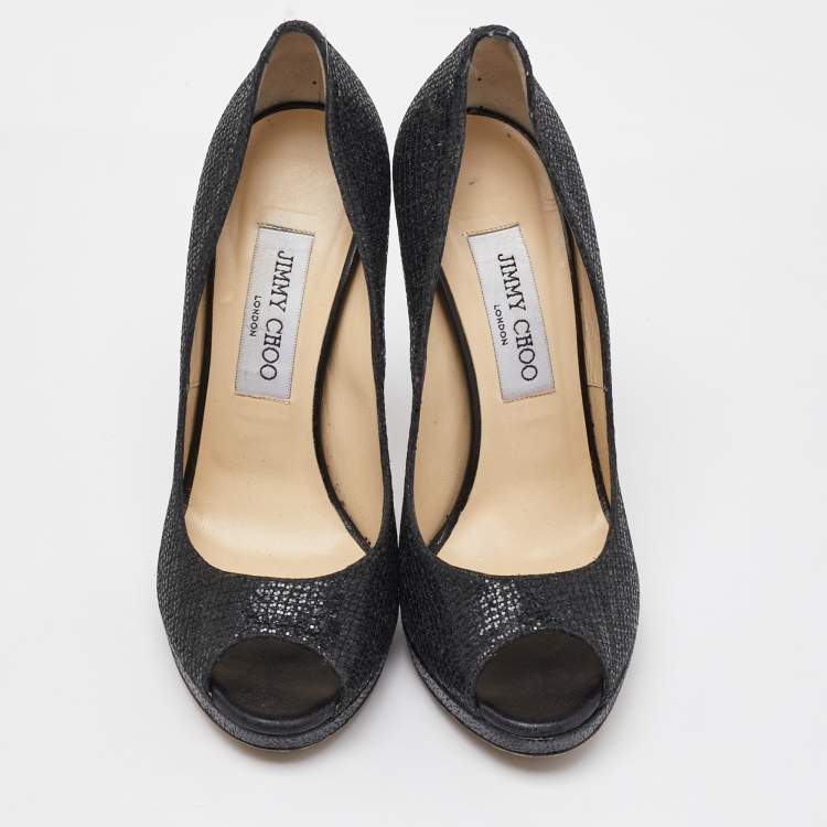 Pre Owned Jimmy Choo Black Glitter Fabric Luna Peep Toe Platform Pumps Size 37