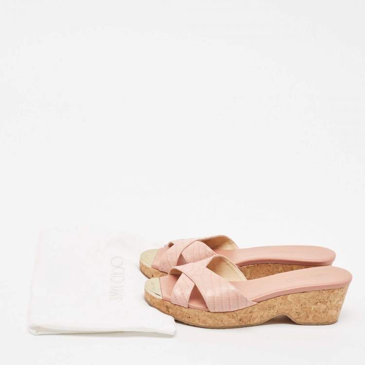 Pre Owned Jimmy Choo Pink Croc Embossed Leather Prima Cork Wedge Sandals Size 39