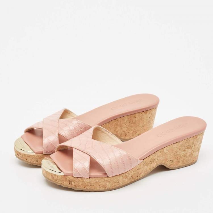 Pre Owned Jimmy Choo Pink Croc Embossed Leather Prima Cork Wedge Sandals Size 39