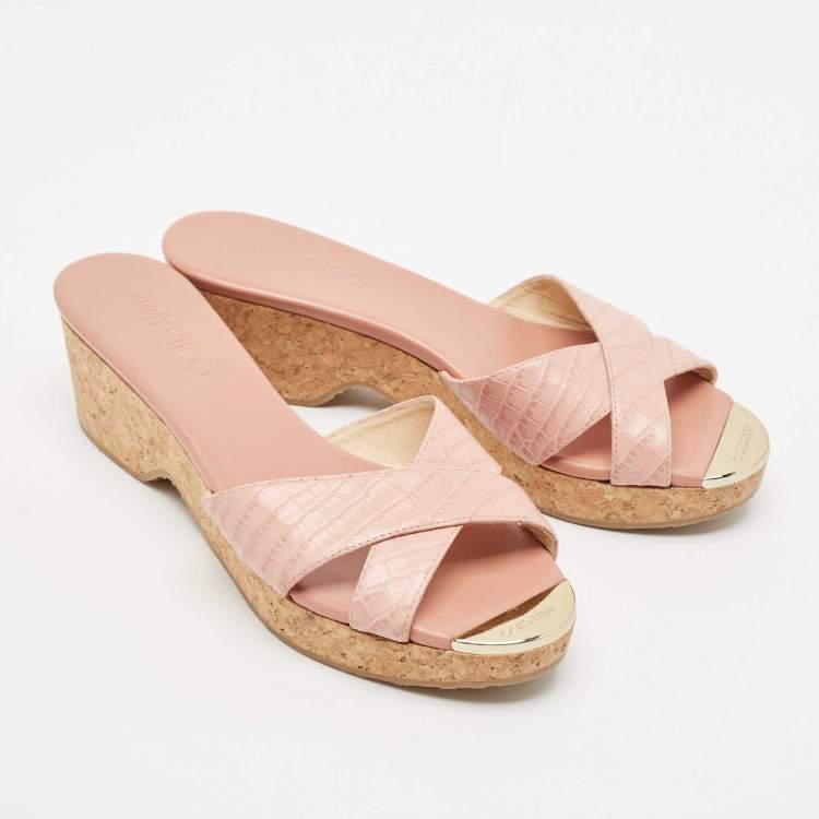 Pre Owned Jimmy Choo Pink Croc Embossed Leather Prima Cork Wedge Sandals Size 39