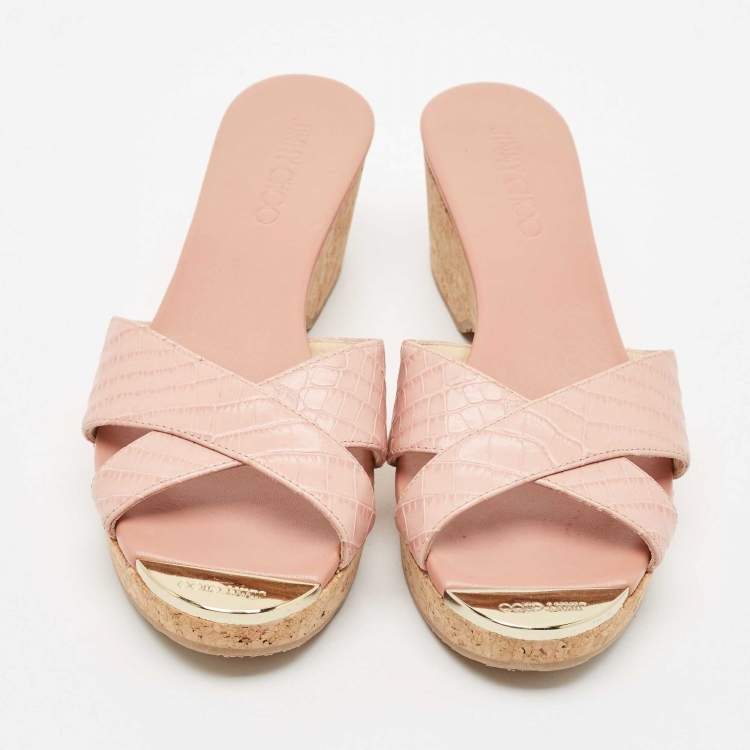 Pre Owned Jimmy Choo Pink Croc Embossed Leather Prima Cork Wedge Sandals Size 39
