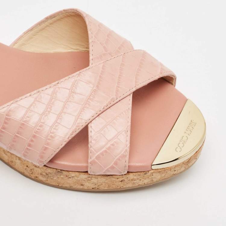 Pre Owned Jimmy Choo Pink Croc Embossed Leather Prima Cork Wedge Sandals Size 39
