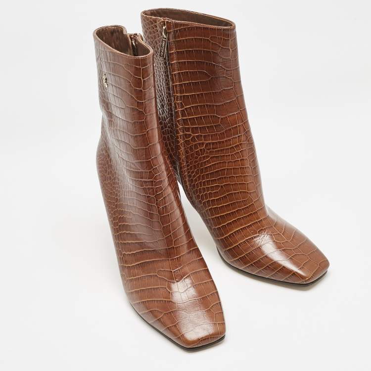 Pre Owned Jimmy Choo Burgundy Croc Embossed Leather Ankle Length Boots Size 40.5