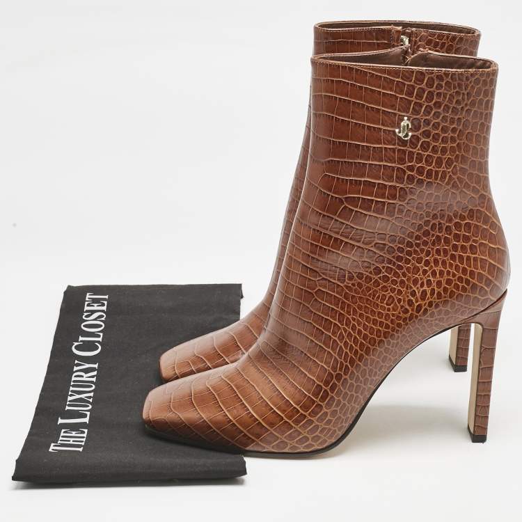 Pre Owned Jimmy Choo Burgundy Croc Embossed Leather Ankle Length Boots Size 40.5