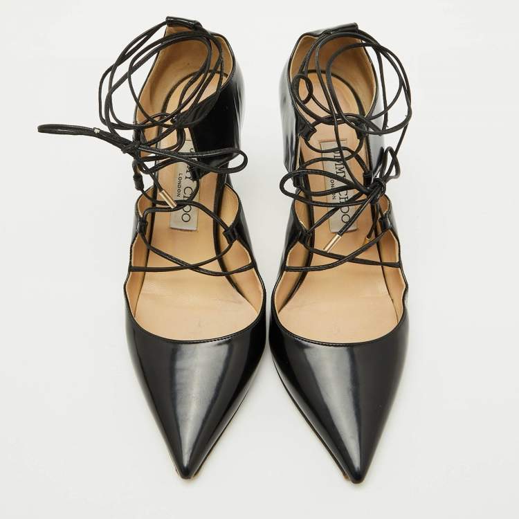 Pre Owned Jimmy Choo Black Patent Leather Hoops Lace Up Pumps Size 38