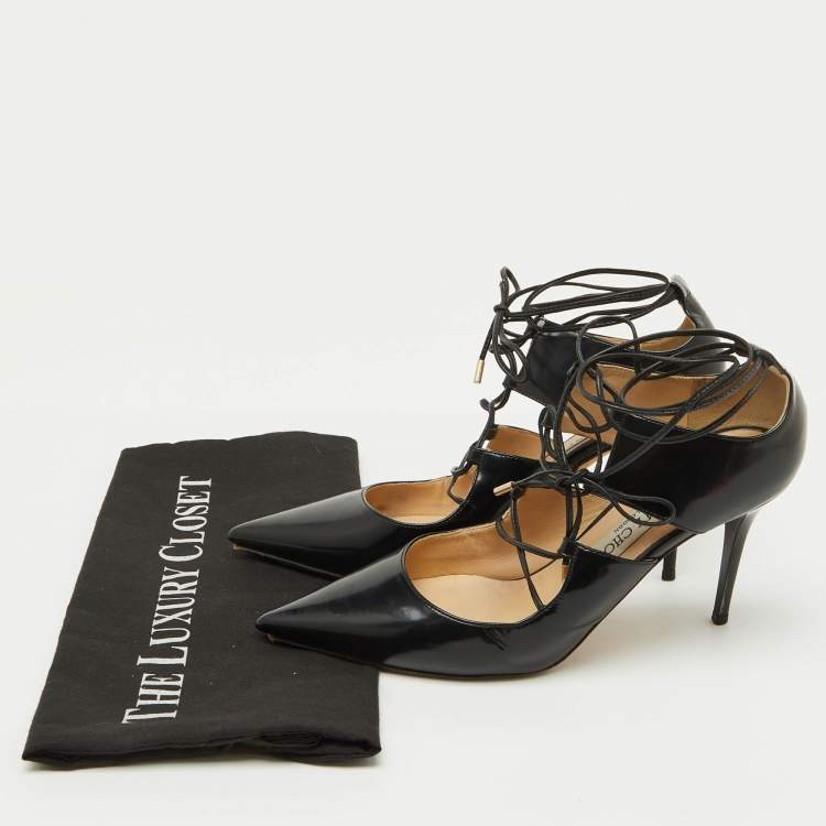 Pre Owned Jimmy Choo Black Patent Leather Hoops Lace Up Pumps Size 38