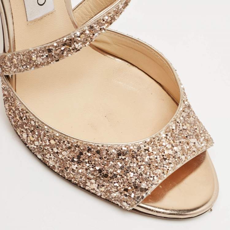 Pre Owned Jimmy Choo Rose Gold Glitter Carrie Ankle Strap Sandals Size 39.5