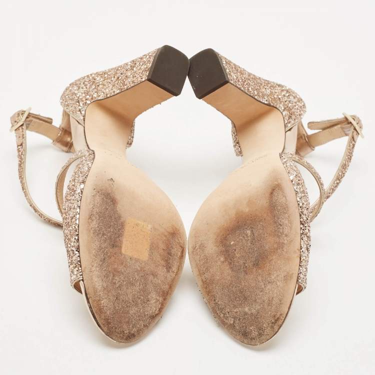 Pre Owned Jimmy Choo Rose Gold Glitter Carrie Ankle Strap Sandals Size 39.5