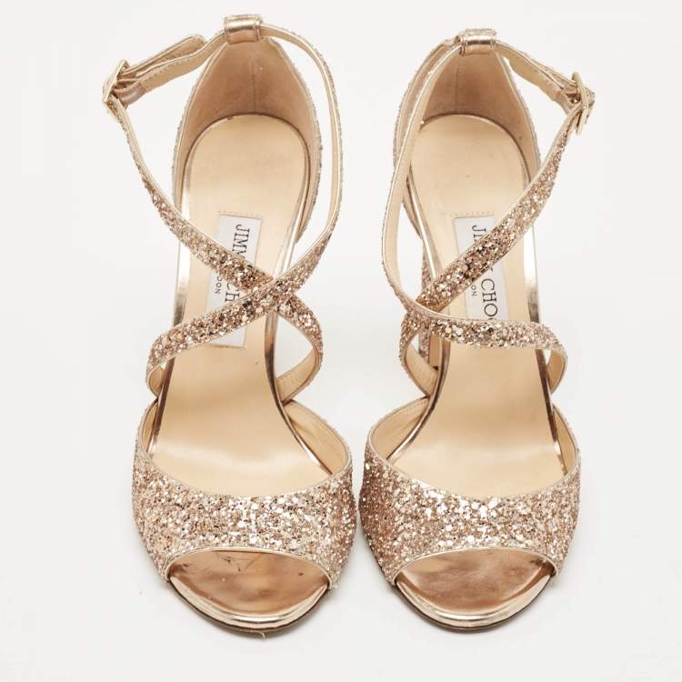 Pre Owned Jimmy Choo Rose Gold Glitter Carrie Ankle Strap Sandals Size 39.5