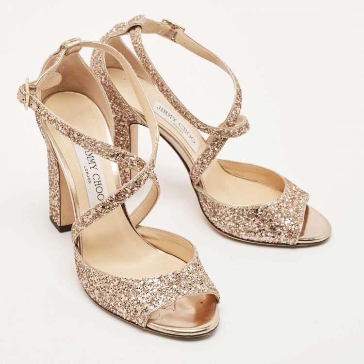 Pre Owned Jimmy Choo Rose Gold Glitter Carrie Ankle Strap Sandals Size 39.5