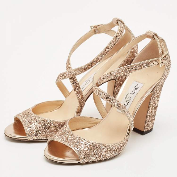 Pre Owned Jimmy Choo Rose Gold Glitter Carrie Ankle Strap Sandals Size 39.5