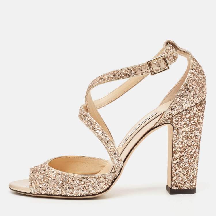 Pre Owned Jimmy Choo Rose Gold Glitter Carrie Ankle Strap Sandals Size 39.5