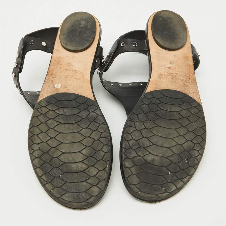 Pre Owned Jimmy Choo Black Leather Studded T-Strap Flat Sandals Size 37