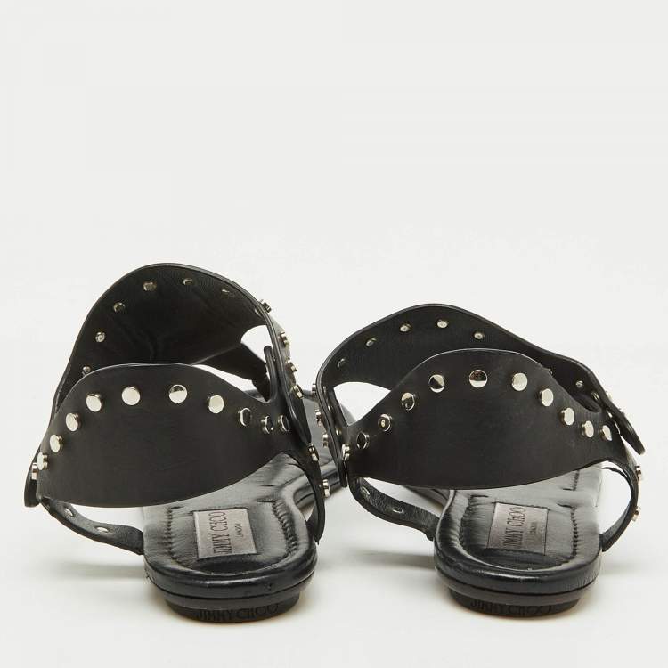 Pre Owned Jimmy Choo Black Leather Studded T-Strap Flat Sandals Size 37