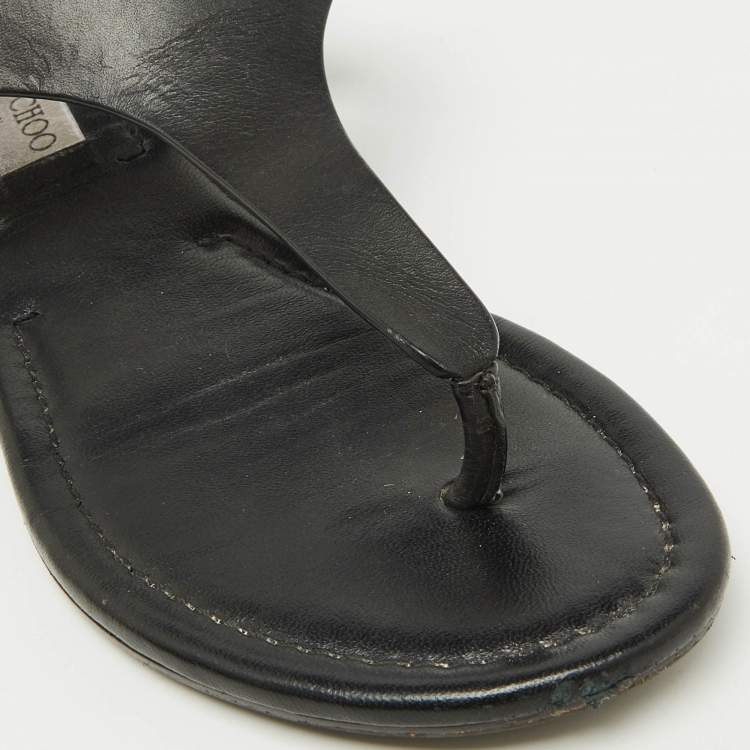 Pre Owned Jimmy Choo Black Leather Studded T-Strap Flat Sandals Size 37