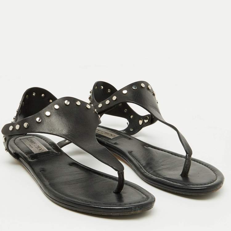 Pre Owned Jimmy Choo Black Leather Studded T-Strap Flat Sandals Size 37