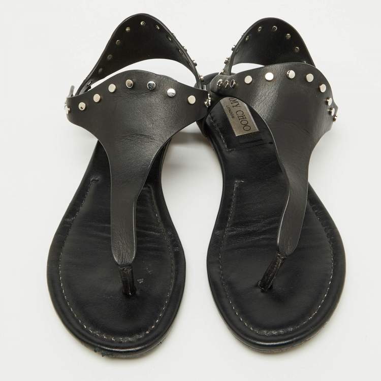 Pre Owned Jimmy Choo Black Leather Studded T-Strap Flat Sandals Size 37