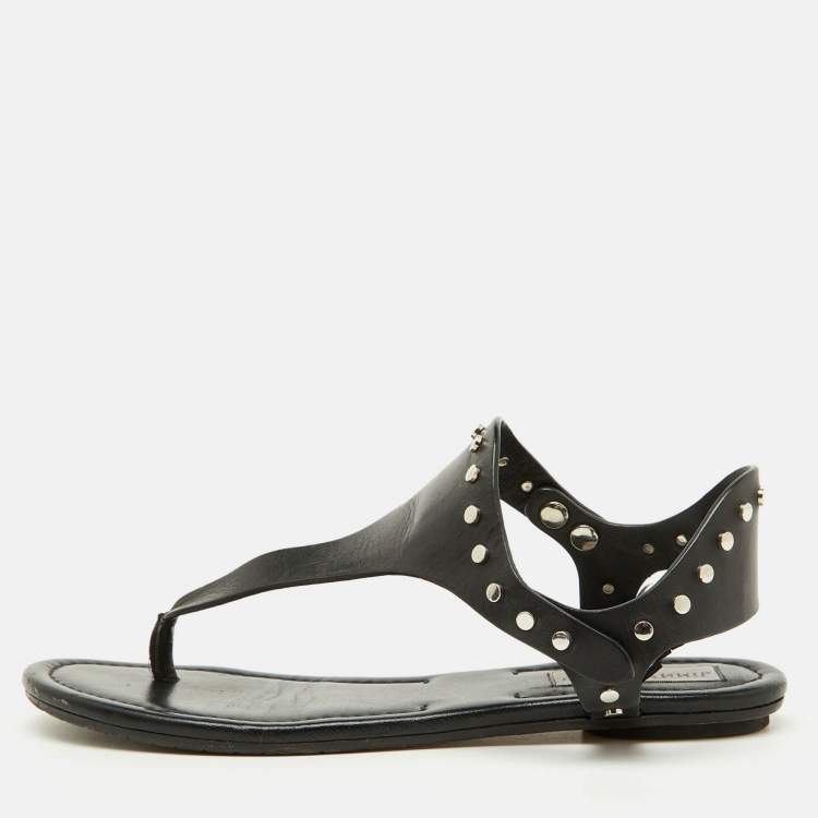 Pre Owned Jimmy Choo Black Leather Studded T-Strap Flat Sandals Size 37