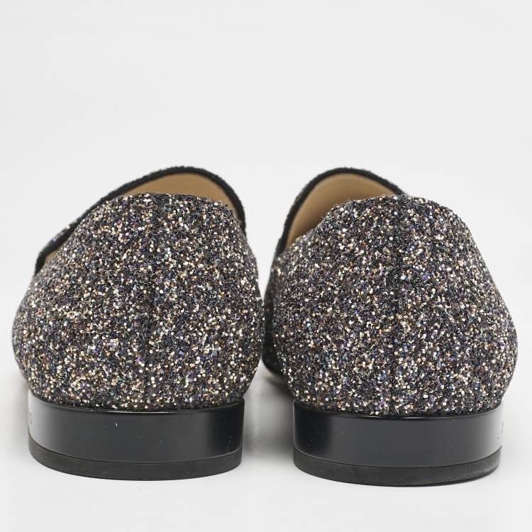 Pre Owned Jimmy Choo Black Glitter Jaida Smoking Slippers Size 38.5