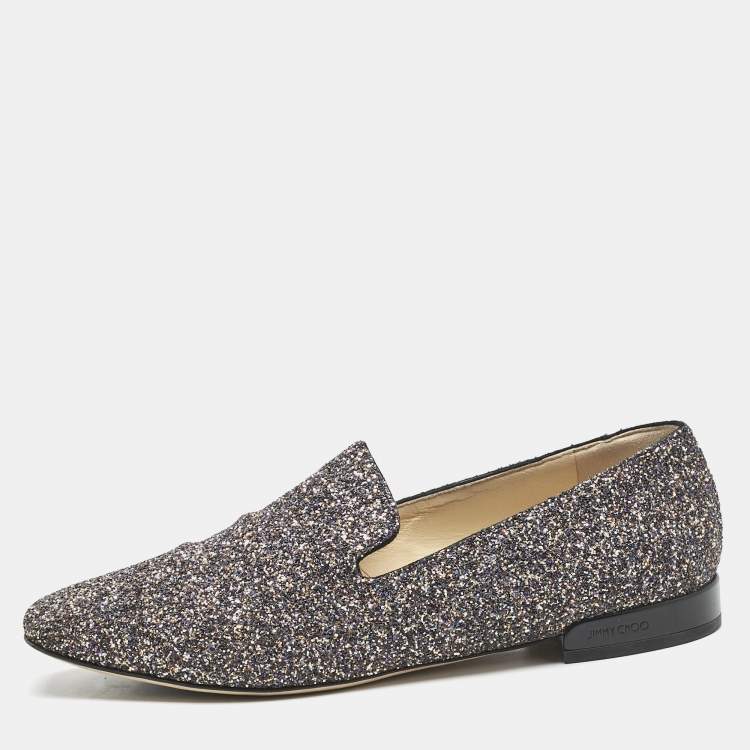 Pre Owned Jimmy Choo Black Glitter Jaida Smoking Slippers Size 38.5