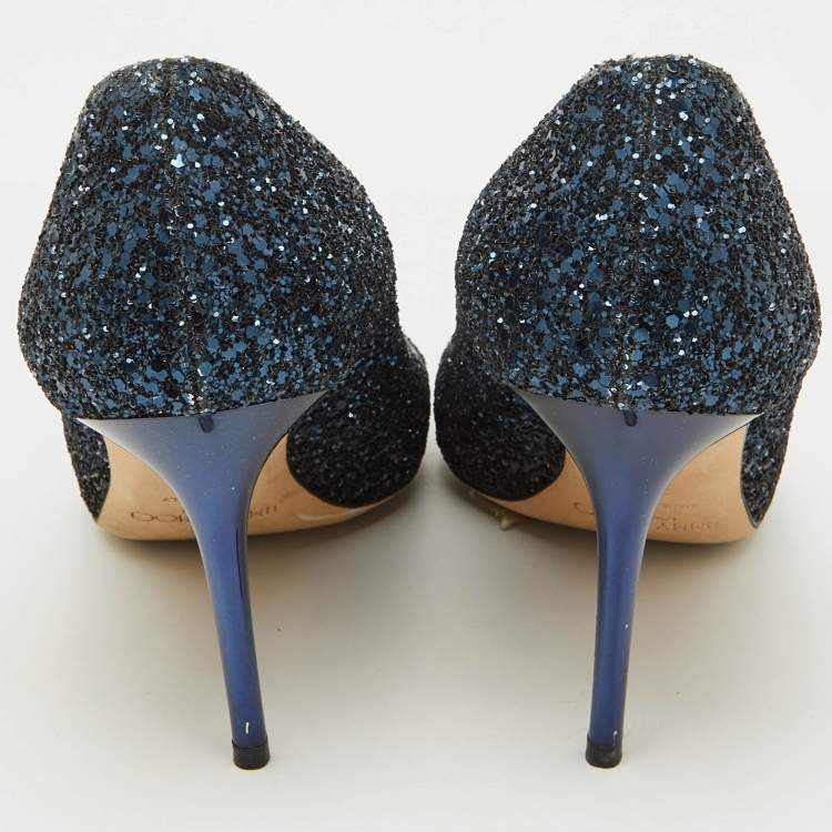 Pre Owned Jimmy Choo Navy Blue Coarse Glitter Romy Pointed Toe Pumps Size 39