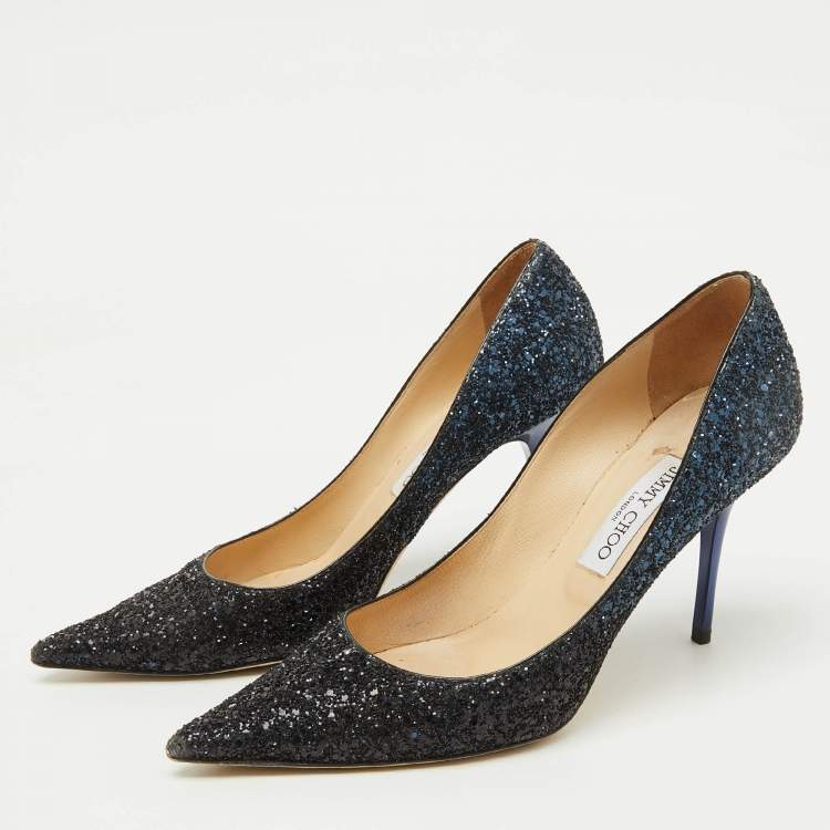 Pre Owned Jimmy Choo Navy Blue Coarse Glitter Romy Pointed Toe Pumps Size 39