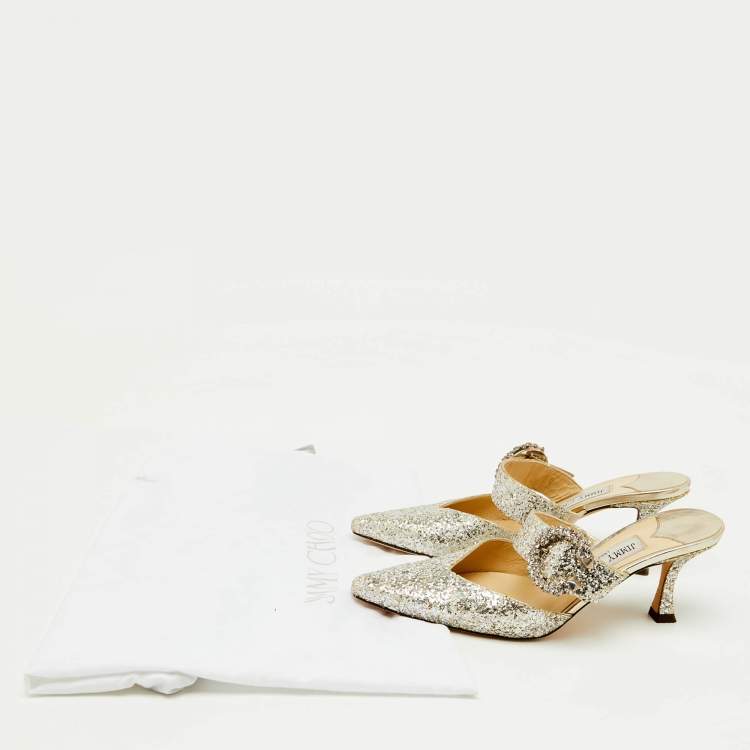 Pre Owned Jimmy Choo Silver Coarse Glitter Crystal Embellished Marta Mules Size 36