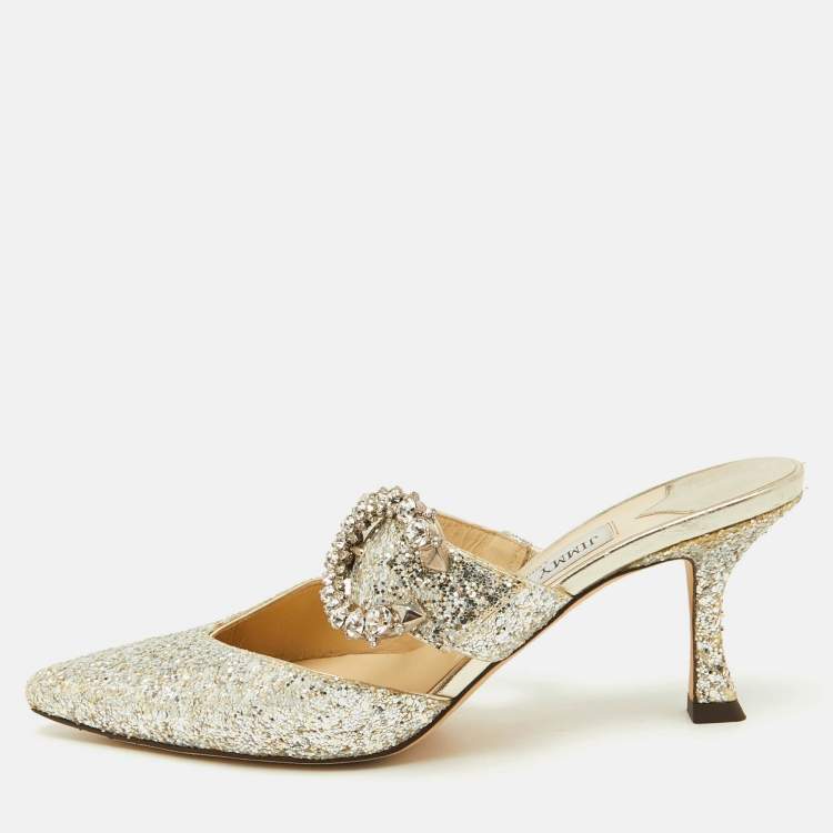 Pre Owned Jimmy Choo Silver Coarse Glitter Crystal Embellished Marta Mules Size 36