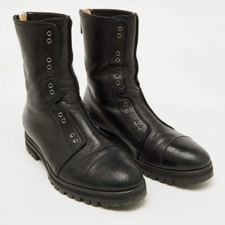 Pre Owned Jimmy Choo Black Leather Hatcher Combat Boots Size 37.5