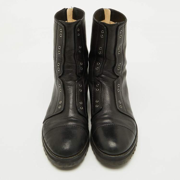Pre Owned Jimmy Choo Black Leather Hatcher Combat Boots Size 37.5