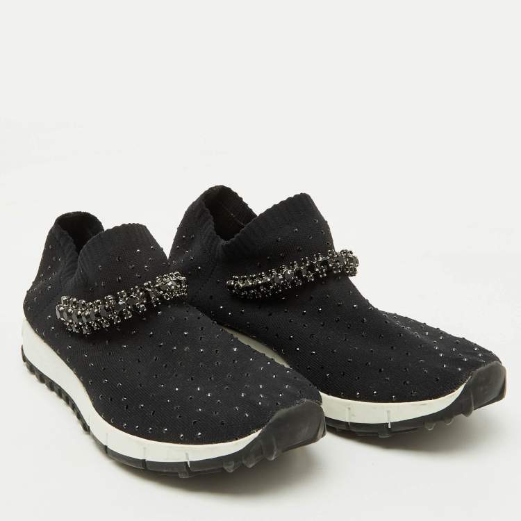 Pre Owned Jimmy Choo Black Knit Fabric Crystal Embellished Verona Sneakers Size 35