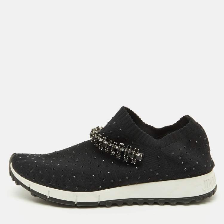 Pre Owned Jimmy Choo Black Knit Fabric Crystal Embellished Verona Sneakers Size 35
