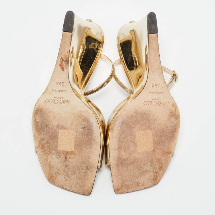 Pre Owned Jimmy Choo Gold Leather Wedge Sandals Size 39.5