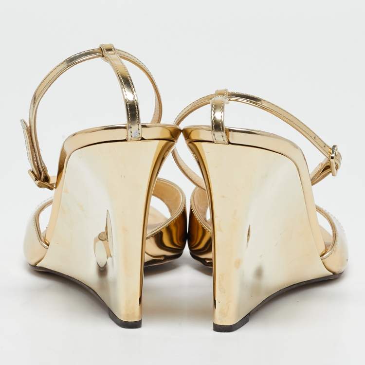 Pre Owned Jimmy Choo Gold Leather Wedge Sandals Size 39.5