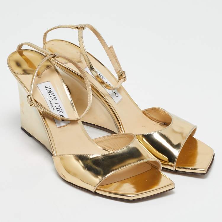 Pre Owned Jimmy Choo Gold Leather Wedge Sandals Size 39.5
