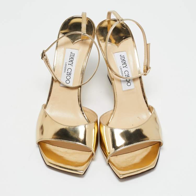 Pre Owned Jimmy Choo Gold Leather Wedge Sandals Size 39.5