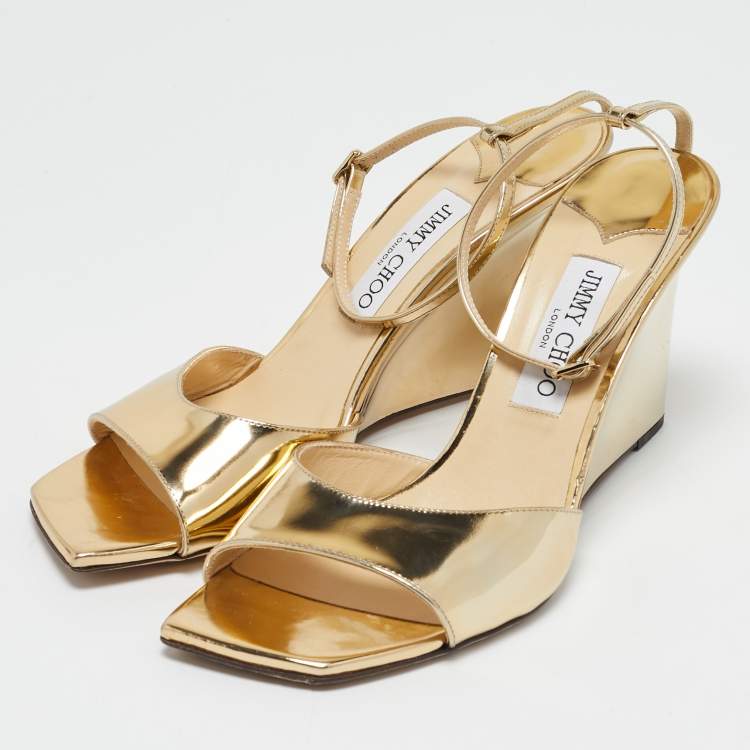 Pre Owned Jimmy Choo Gold Leather Wedge Sandals Size 39.5