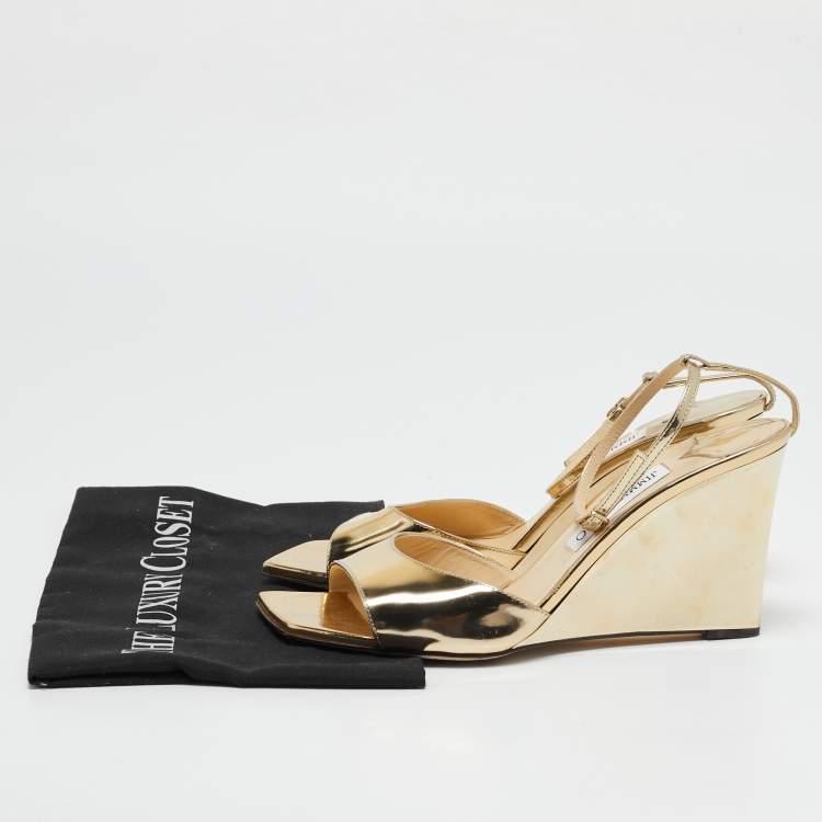 Pre Owned Jimmy Choo Gold Leather Wedge Sandals Size 39.5