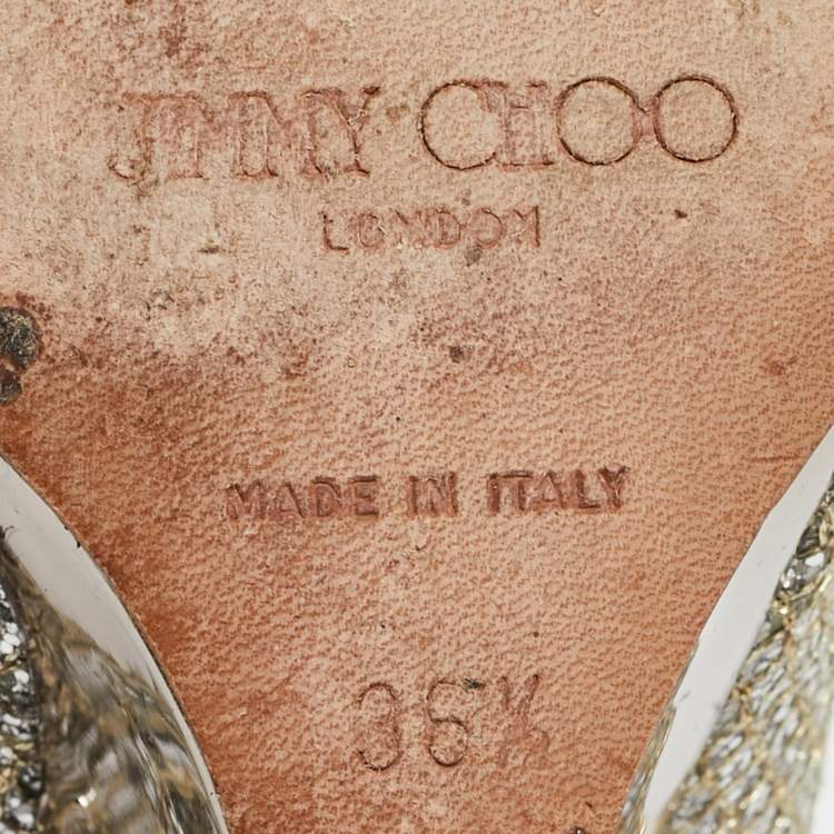 Pre Owned Jimmy Choo Gold Glitter Fabric Baxen Peep Toe Wedges Pumps Size 36.5