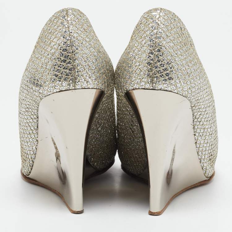 Pre Owned Jimmy Choo Gold Glitter Fabric Baxen Peep Toe Wedges Pumps Size 36.5