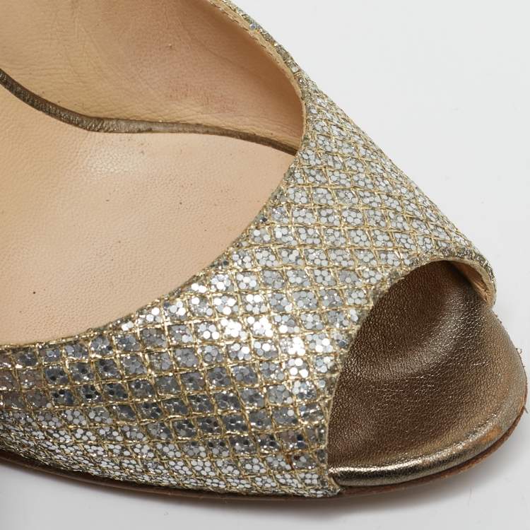 Pre Owned Jimmy Choo Gold Glitter Fabric Baxen Peep Toe Wedges Pumps Size 36.5
