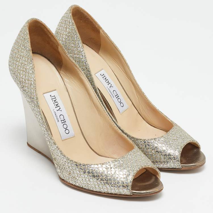 Pre Owned Jimmy Choo Gold Glitter Fabric Baxen Peep Toe Wedges Pumps Size 36.5
