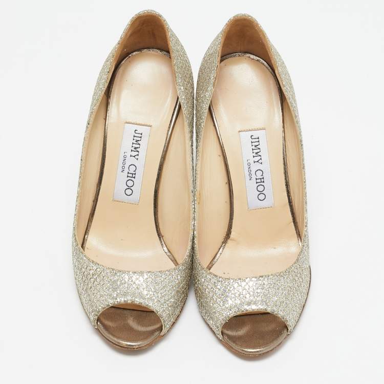 Pre Owned Jimmy Choo Gold Glitter Fabric Baxen Peep Toe Wedges Pumps Size 36.5