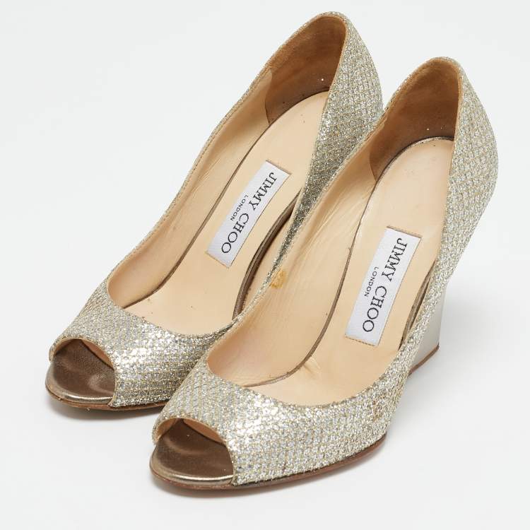 Pre Owned Jimmy Choo Gold Glitter Fabric Baxen Peep Toe Wedges Pumps Size 36.5