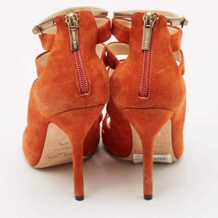 Pre Owned Jimmy Choo Orange Suede Gladiator Sandals Size 37.5