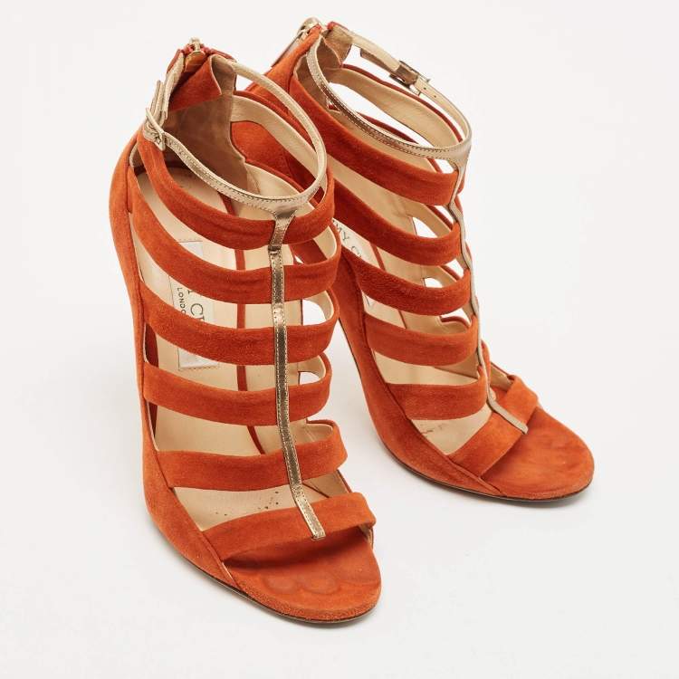 Pre Owned Jimmy Choo Orange Suede Gladiator Sandals Size 37.5